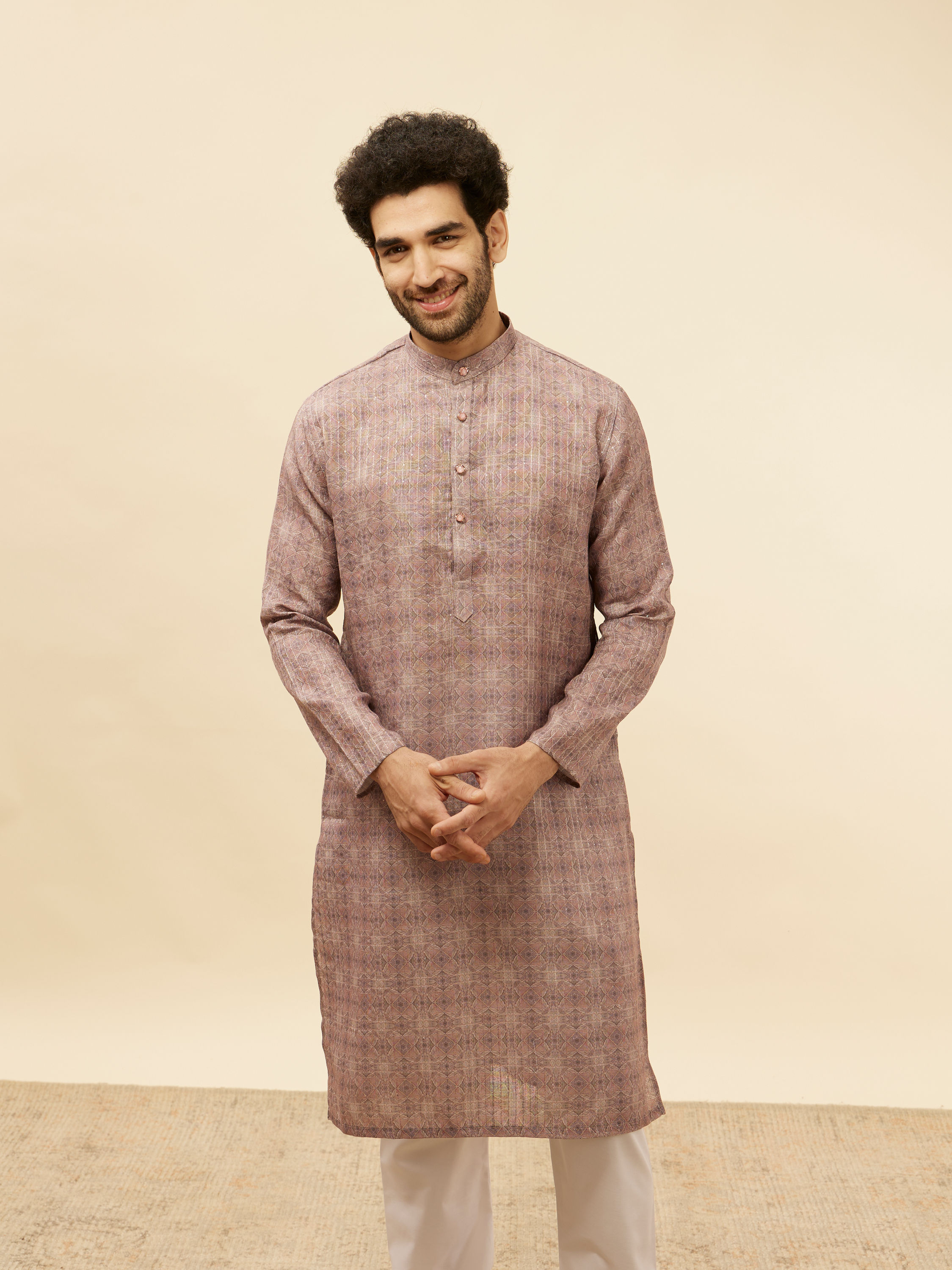 Manyavar Men Dusty Lavender Kaleidoscopic Printed Kurta Set