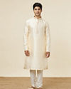 Manyavar Men Cream White Jaal Patterned Kurta Set