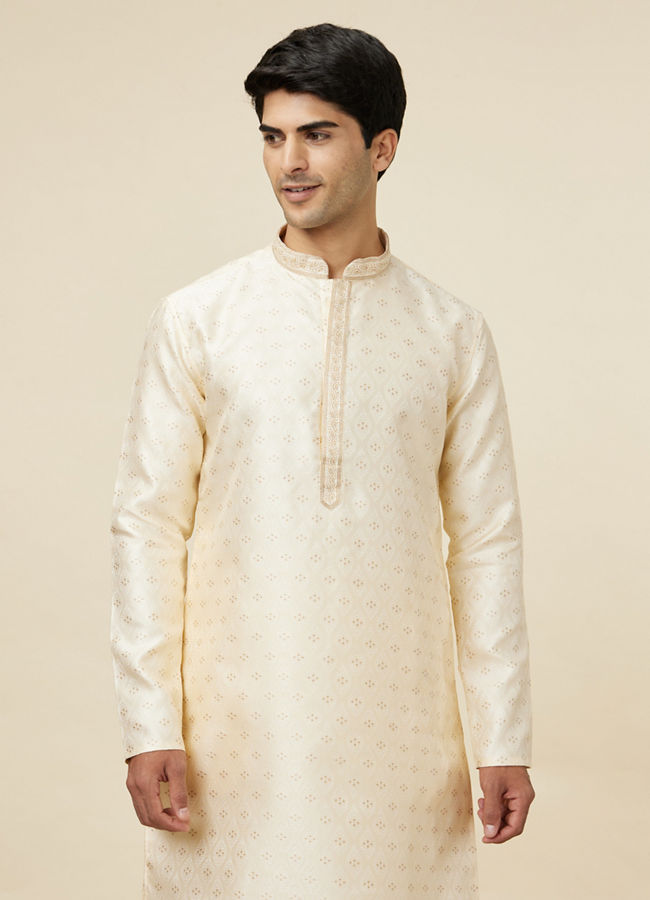 alt message - Manyavar Men Cream White Jaal Patterned Kurta Set image number 0