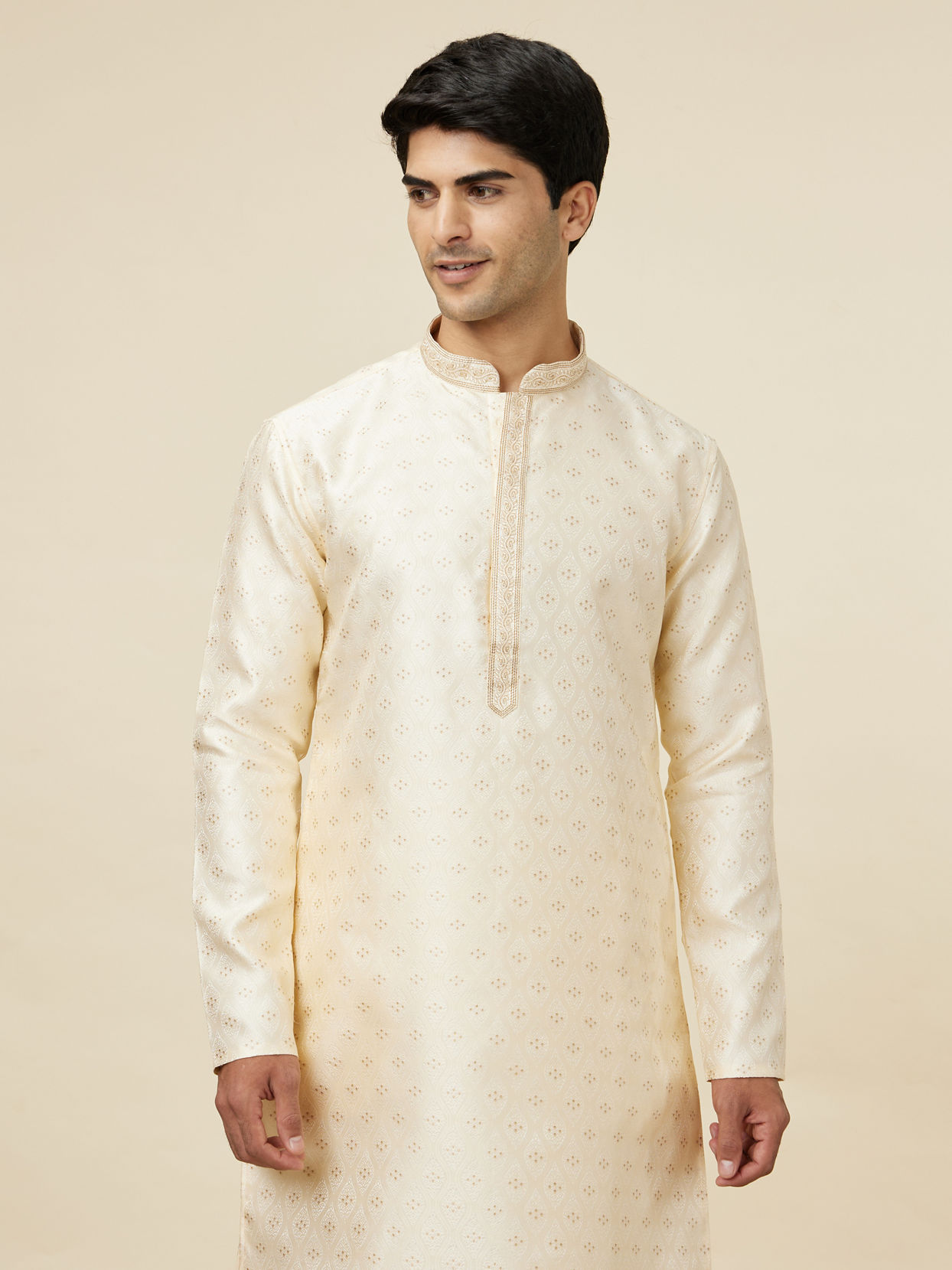 alt message - Manyavar Men Cream White Jaal Patterned Kurta Set image number 0