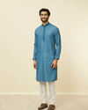 Manyavar Men Ocean Blue Multi Printed Kurta Set