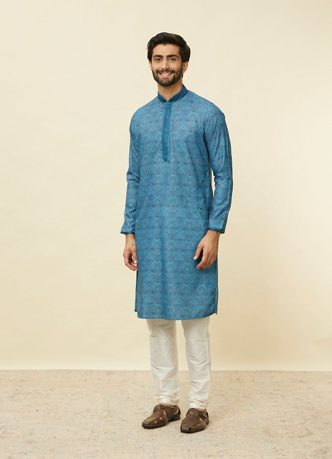 Manyavar Men Ocean Blue Multi Printed Kurta Set