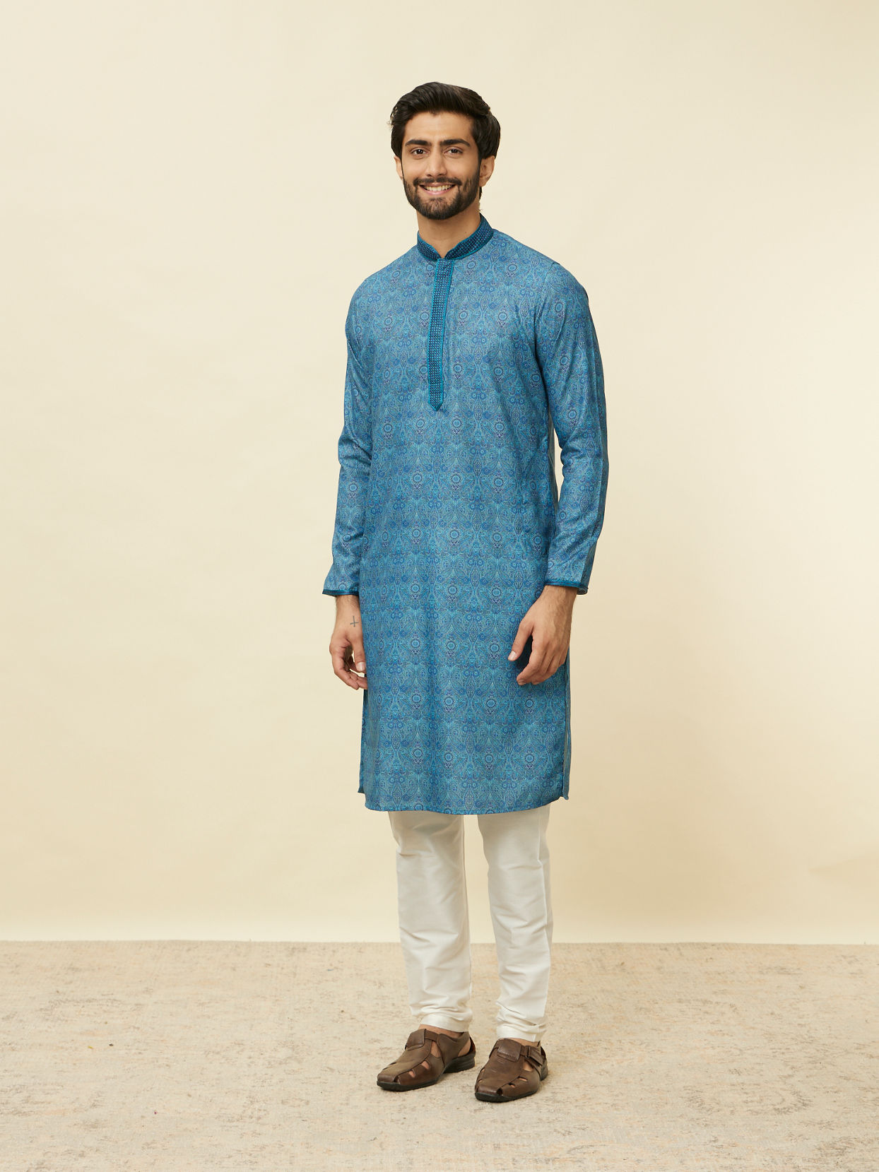 Manyavar Men Ocean Blue Multi Printed Kurta Set