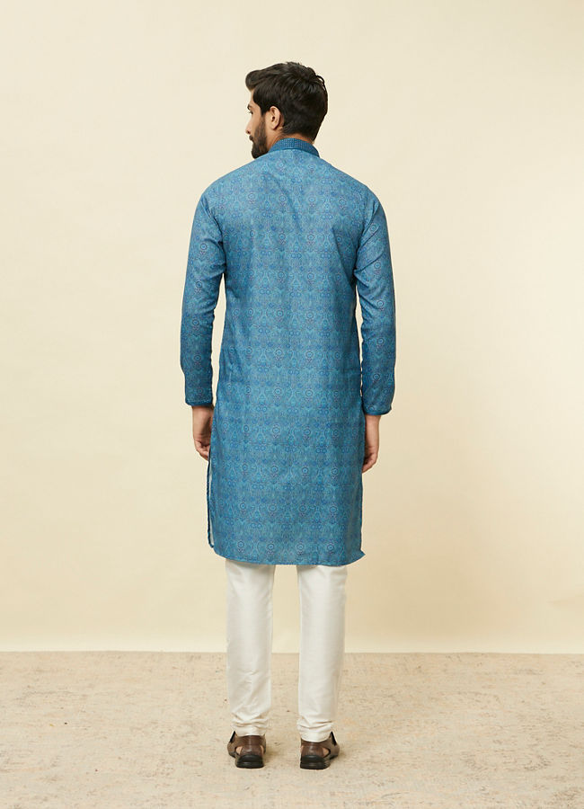 Manyavar Men Ocean Blue Multi Printed Kurta Set