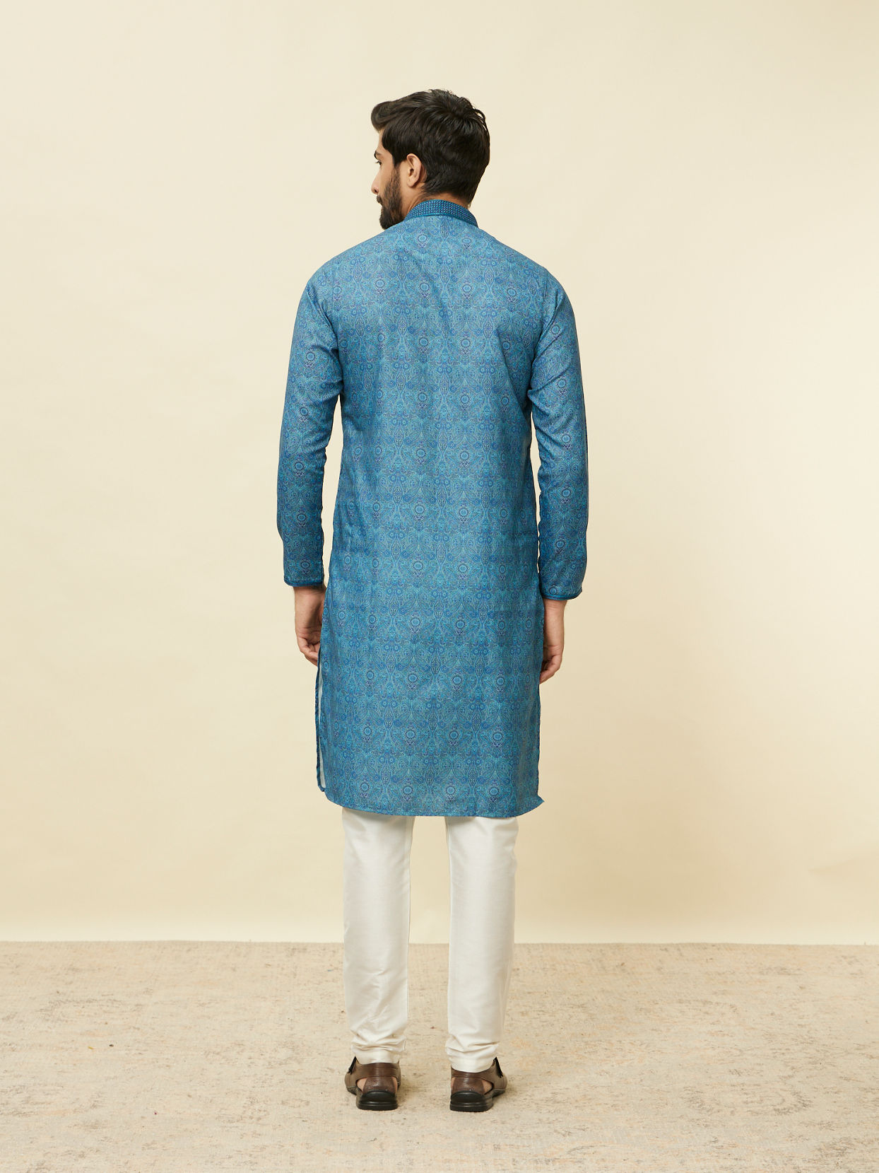 Manyavar Men Ocean Blue Multi Printed Kurta Set