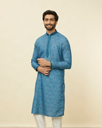 Manyavar Men Ocean Blue Multi Printed Kurta Set
