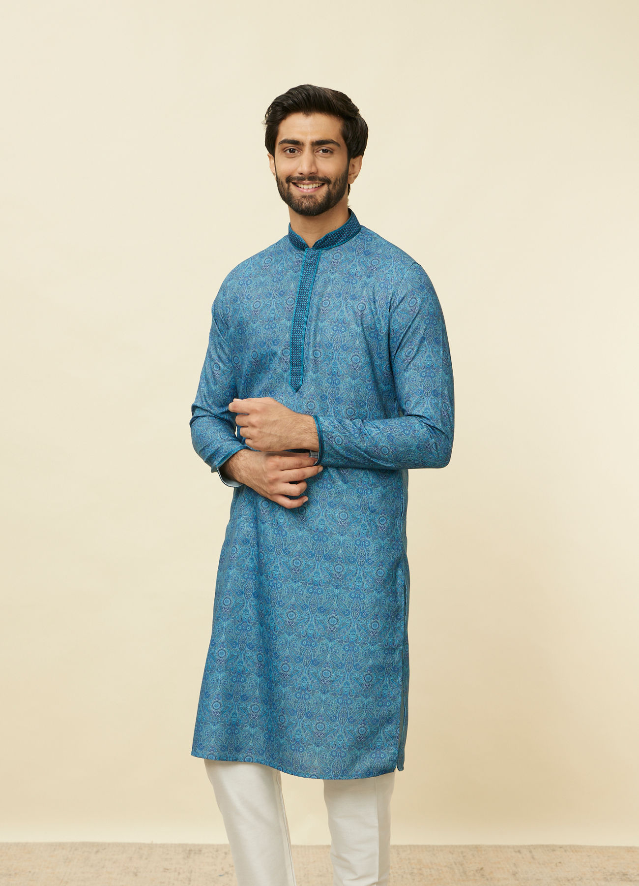 Manyavar Men Ocean Blue Multi Printed Kurta Set