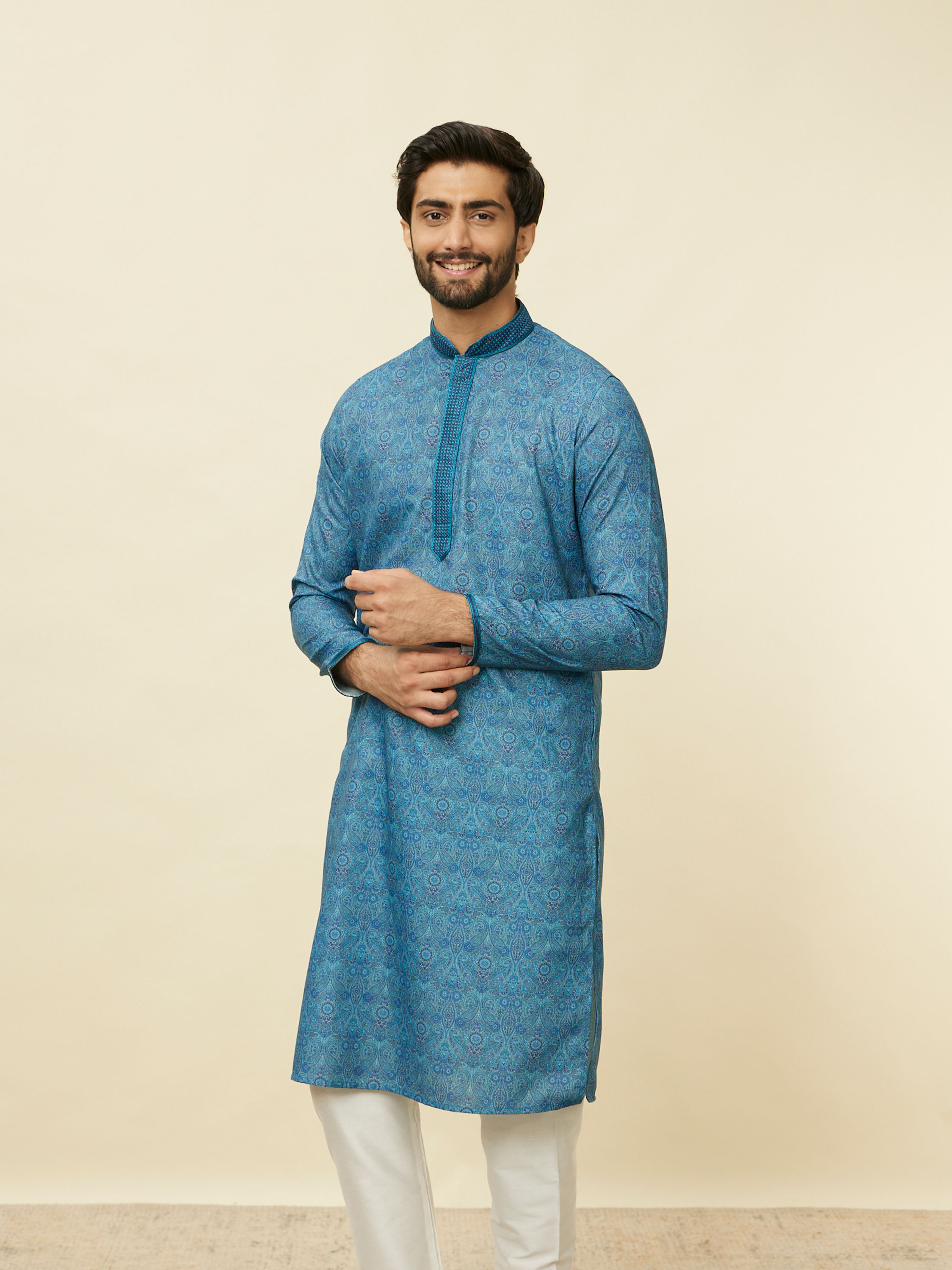 Manyavar Men Ocean Blue Multi Printed Kurta Set