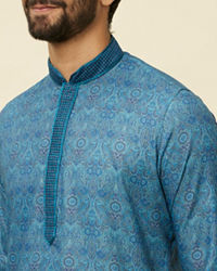 Manyavar Men Ocean Blue Multi Printed Kurta Set