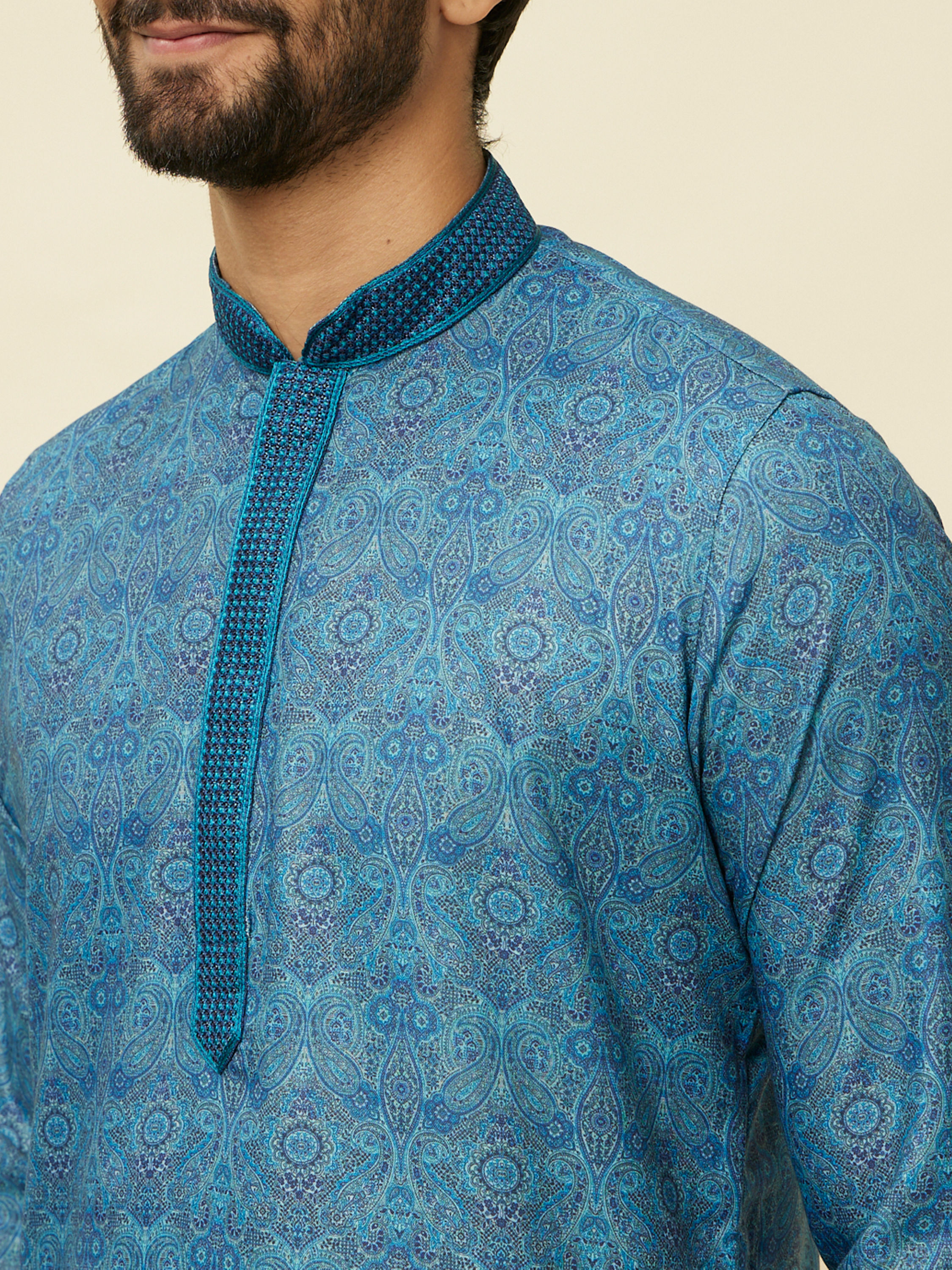 Manyavar Men Ocean Blue Multi Printed Kurta Set