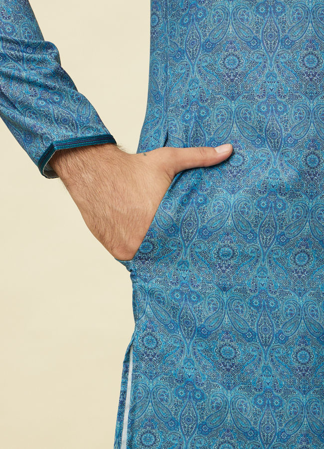 Manyavar Men Ocean Blue Multi Printed Kurta Set