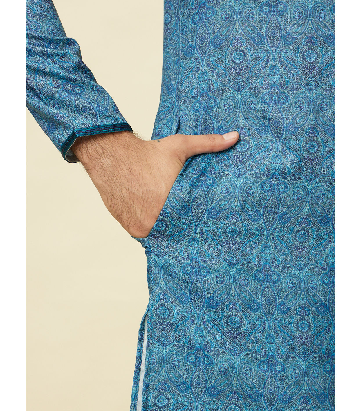 Manyavar Men Ocean Blue Multi Printed Kurta Set