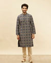 alt message - Manyavar Men Navy Blue Grid Printed Kurta Set image number 2