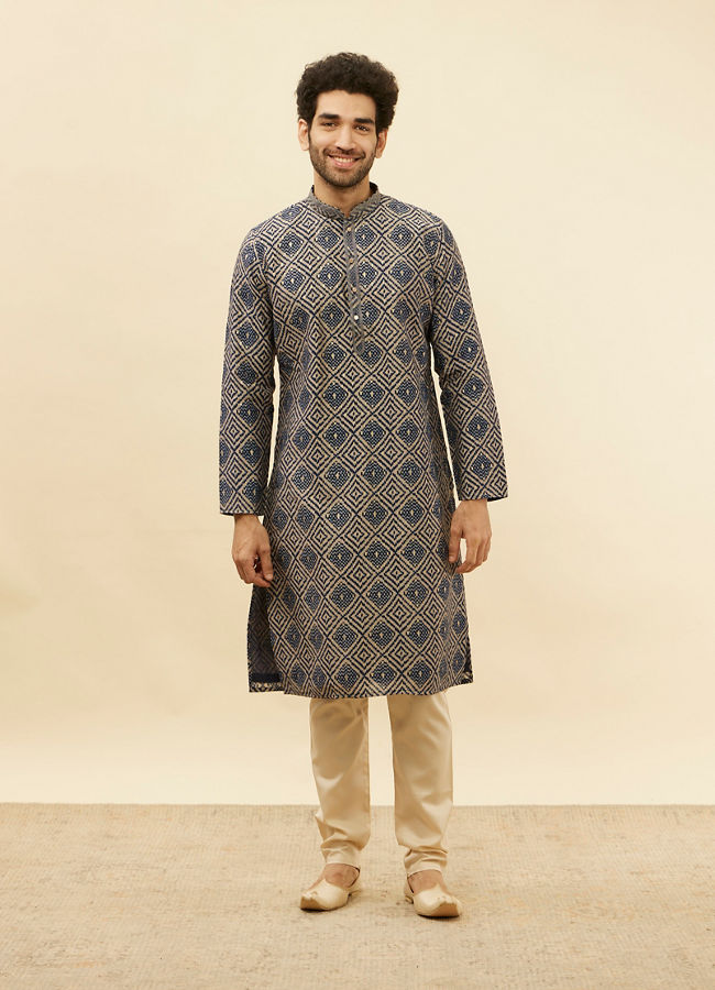 Manyavar Men Navy Blue Grid Printed Kurta Set
