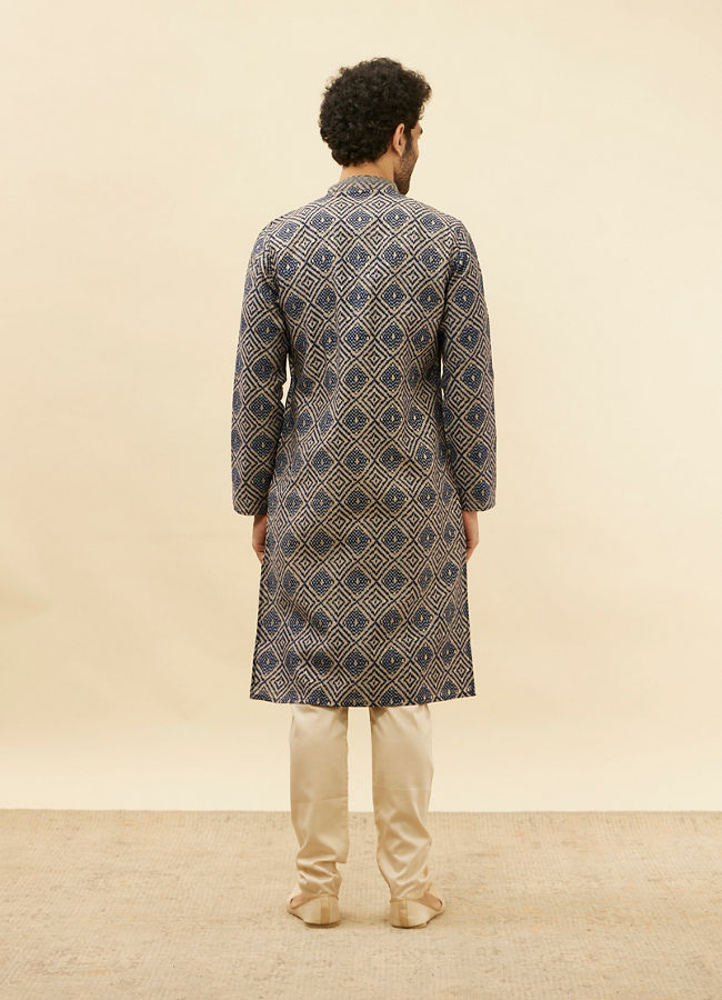 Manyavar Men Navy Blue Grid Printed Kurta Set