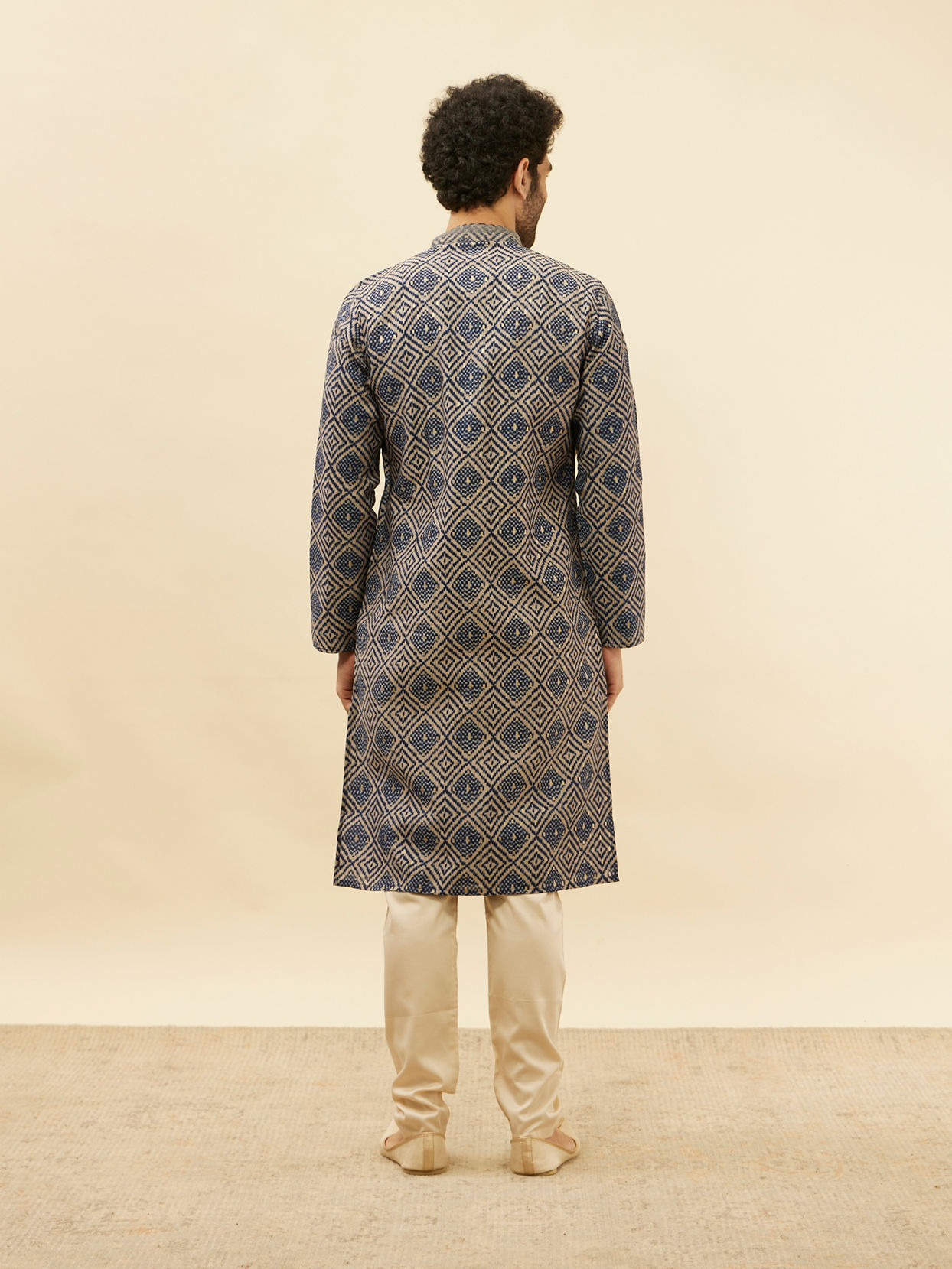 Manyavar Men Navy Blue Grid Printed Kurta Set