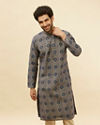 alt message - Manyavar Men Navy Blue Grid Printed Kurta Set image number 0