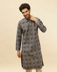 Manyavar Men Navy Blue Grid Printed Kurta Set
