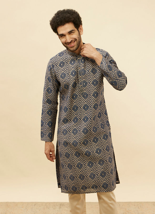 alt message - Manyavar Men Navy Blue Grid Printed Kurta Set image number 0