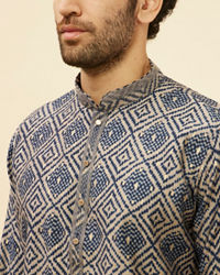 Manyavar Men Navy Blue Grid Printed Kurta Set