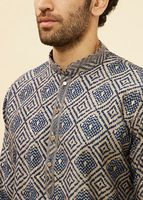 alt message - Manyavar Men Navy Blue Grid Printed Kurta Set image number 1