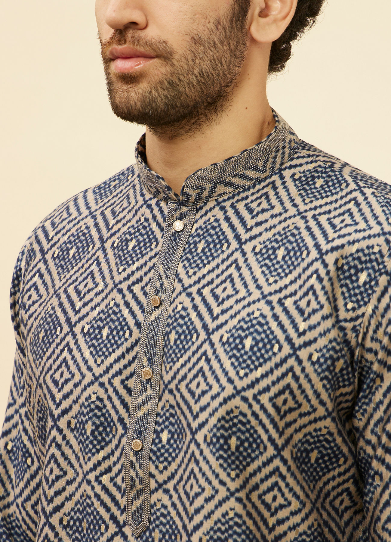 Manyavar Men Navy Blue Grid Printed Kurta Set