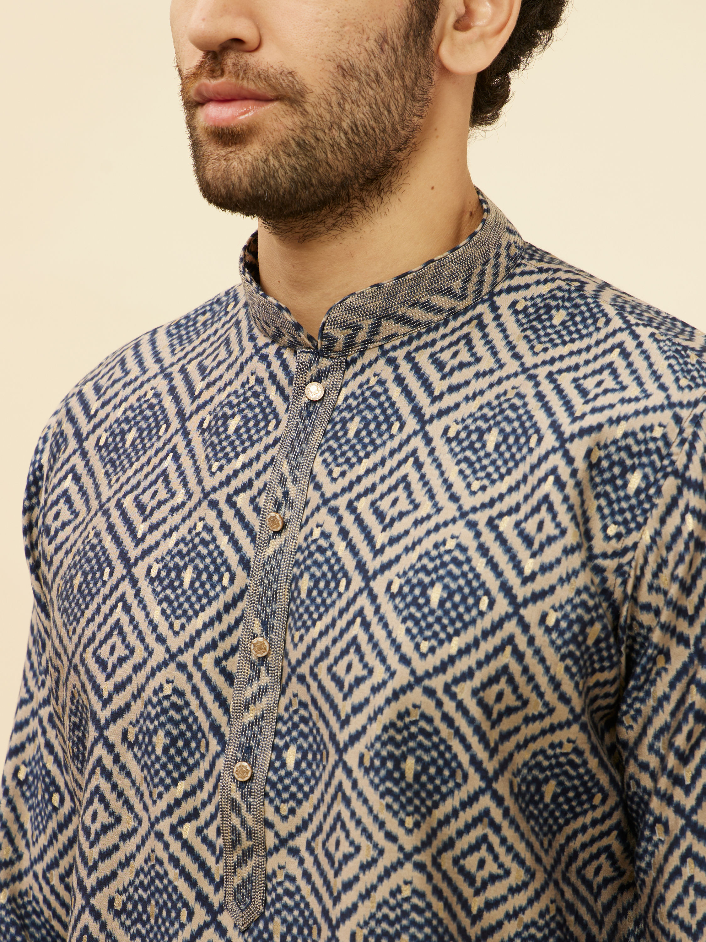 Manyavar Men Navy Blue Grid Printed Kurta Set