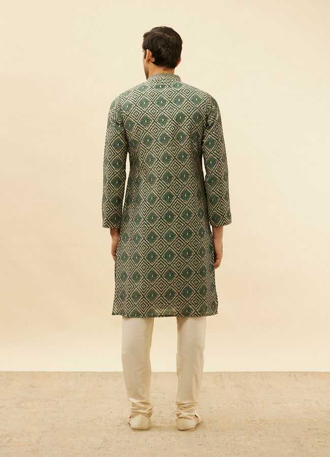 Manyavar Men Forest Green Grid Printed Kurta Set
