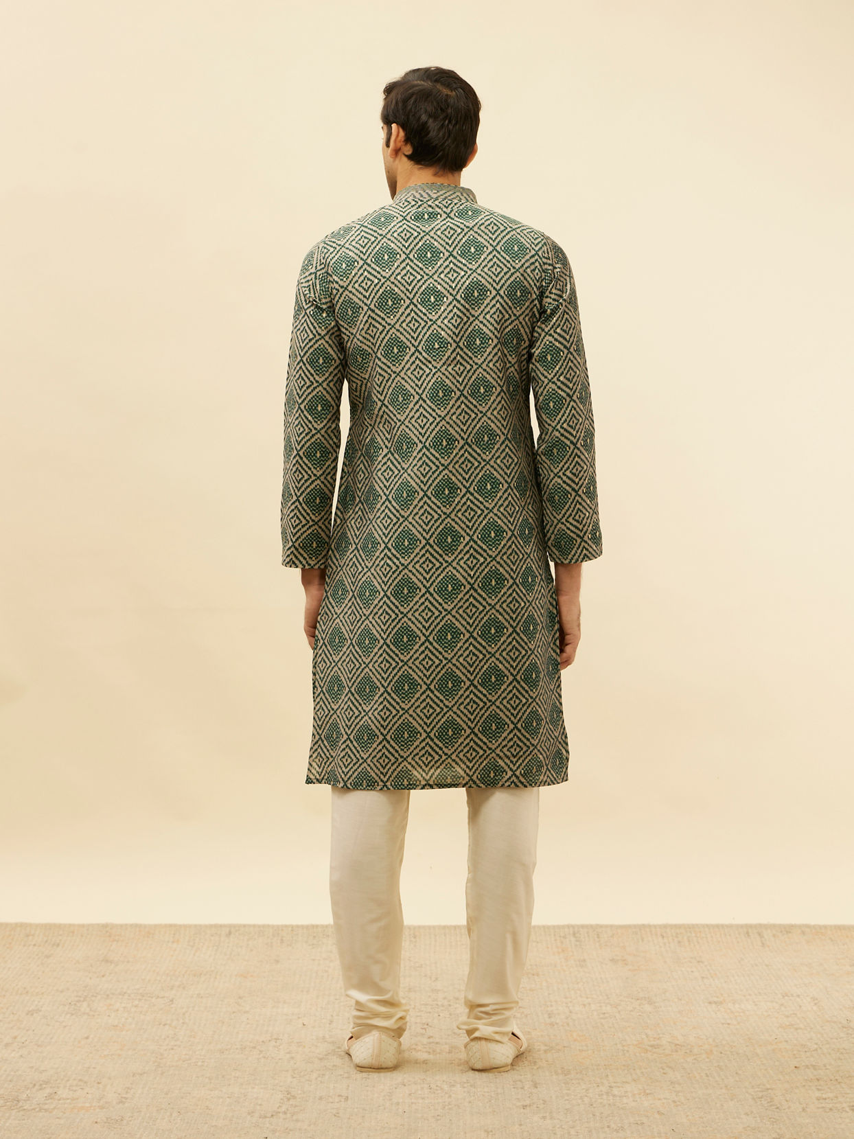 Manyavar Men Forest Green Grid Printed Kurta Set