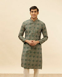 Manyavar Men Forest Green Grid Printed Kurta Set