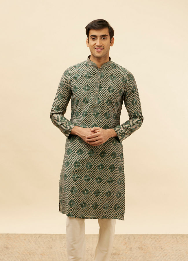 Manyavar Men Forest Green Grid Printed Kurta Set