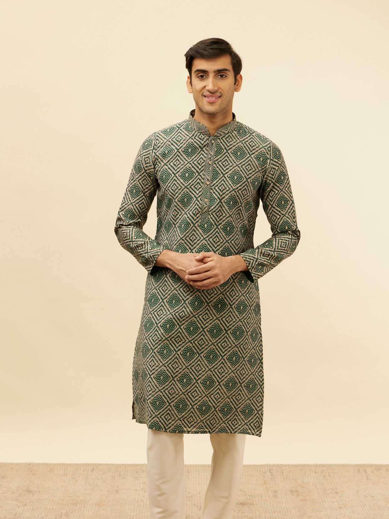 alt message - Manyavar Men Forest Green Grid Printed Kurta Set image number 0