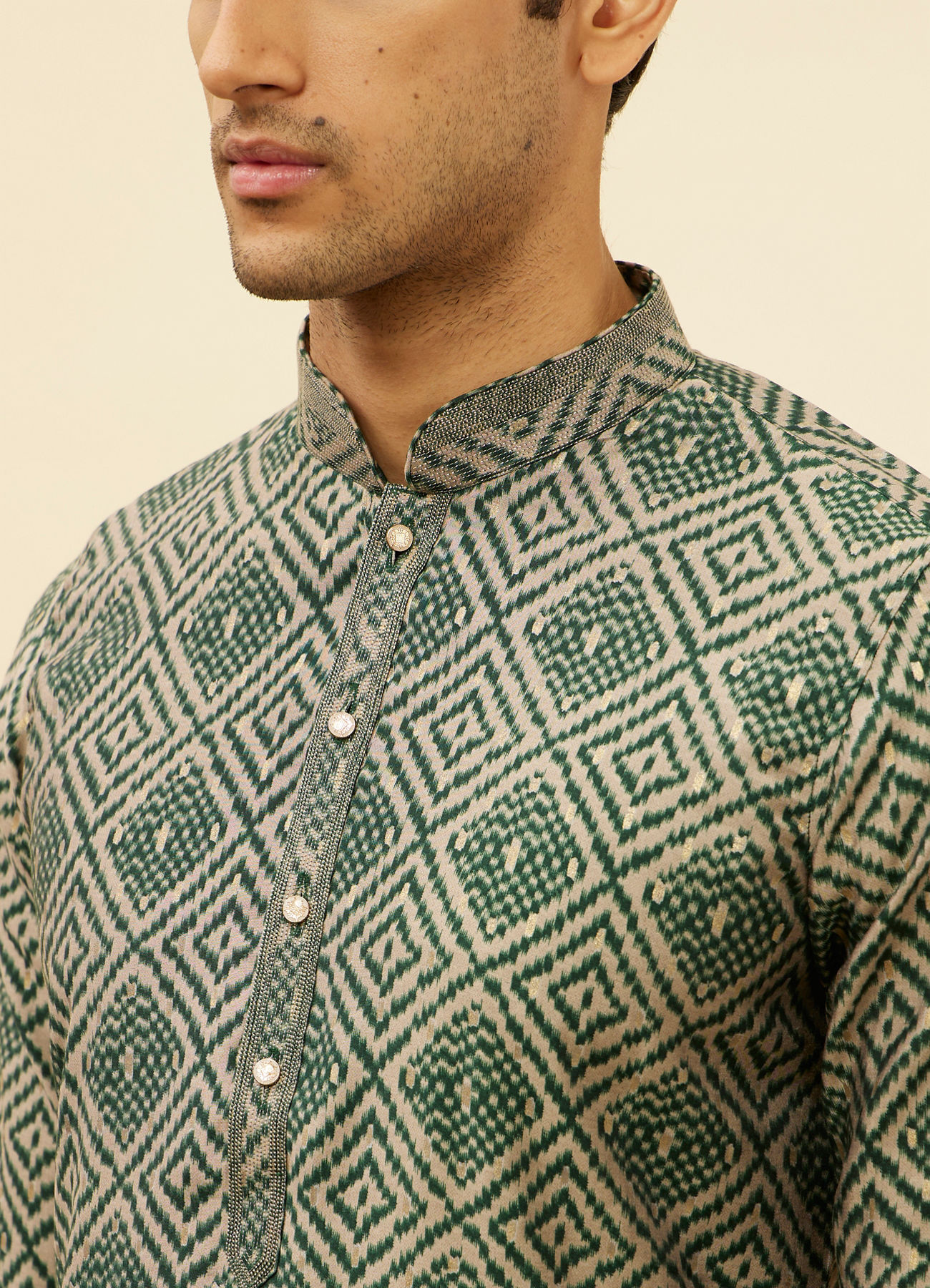Manyavar Men Forest Green Grid Printed Kurta Set