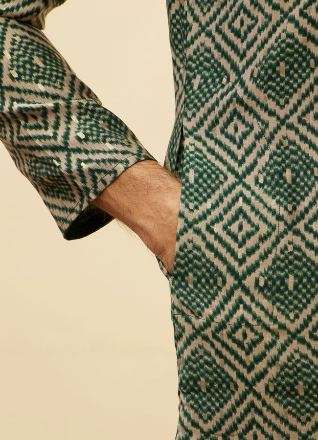Manyavar Men Forest Green Grid Printed Kurta Set