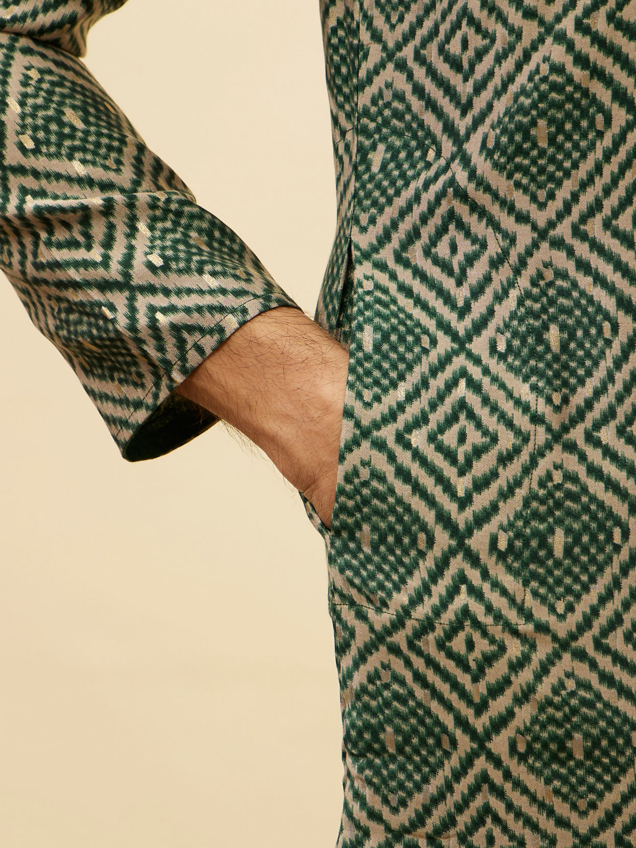 Manyavar Men Forest Green Grid Printed Kurta Set