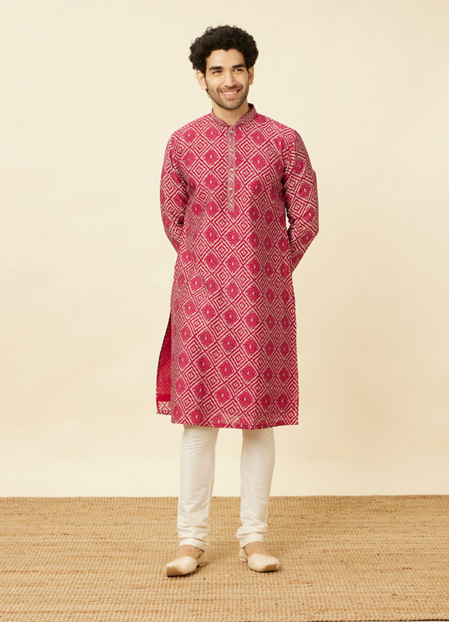 Manyavar Men Ruby Pink Harlequin Printed Kurta Set
