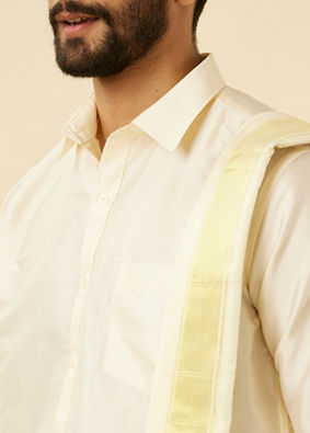 Ivory Cream Detailed Traditional South Indian Shirt and Veshti Set image number 1
