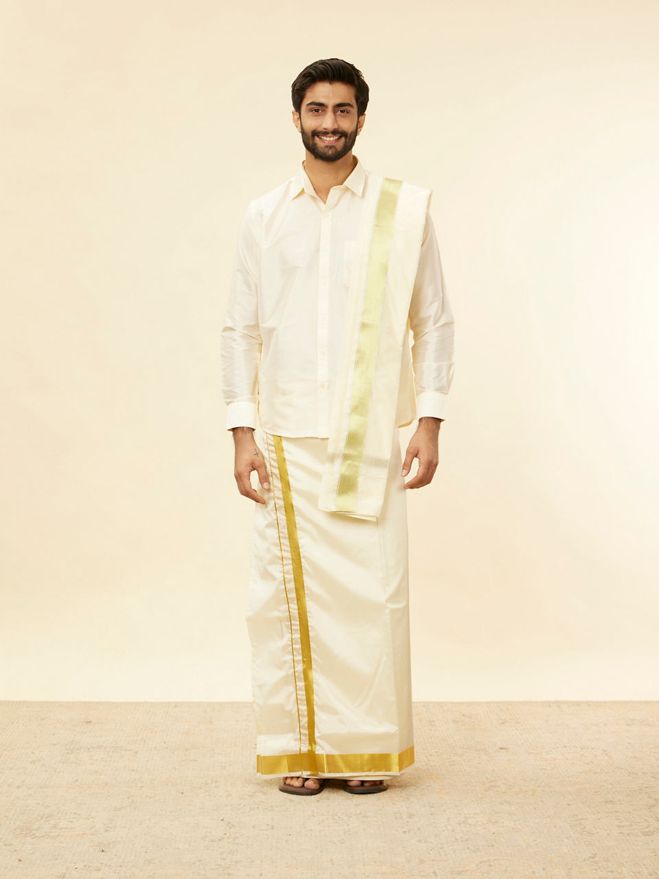 Manyavar Men Ivory Cream Detailed Traditional South Indian Shirt and Veshti Set