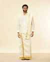 alt message - Manyavar Men Ivory Cream Detailed Traditional South Indian Shirt and Veshti Set image number 2