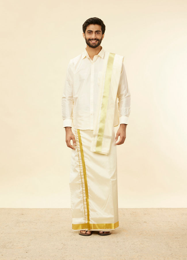 alt message - Manyavar Men Ivory Cream Detailed Traditional South Indian Shirt and Veshti Set image number 2