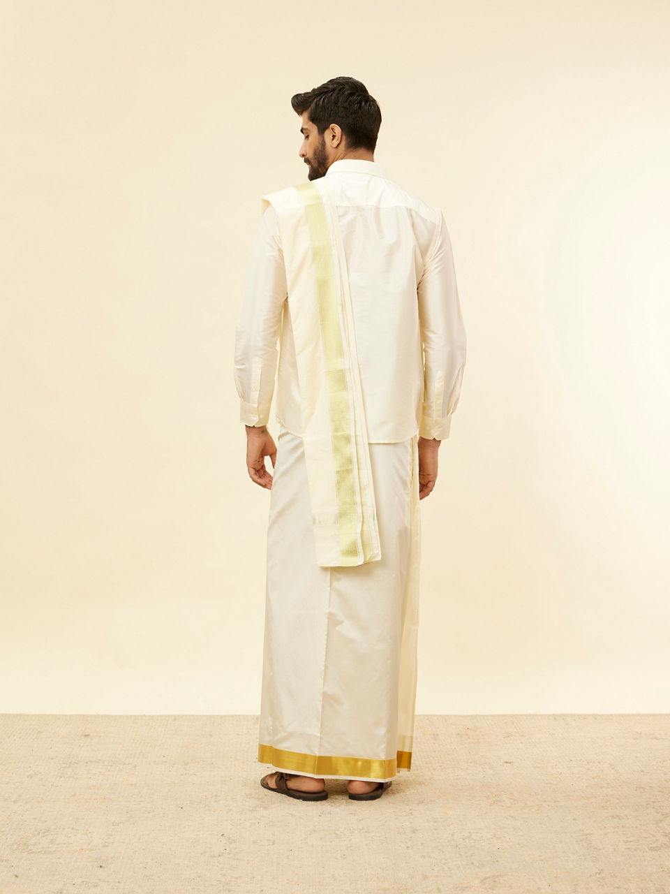 Manyavar Men Ivory Cream Detailed Traditional South Indian Shirt and Veshti Set
