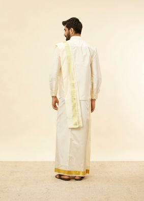 alt message - Manyavar Men Ivory Cream Detailed Traditional South Indian Shirt and Veshti Set image number 3