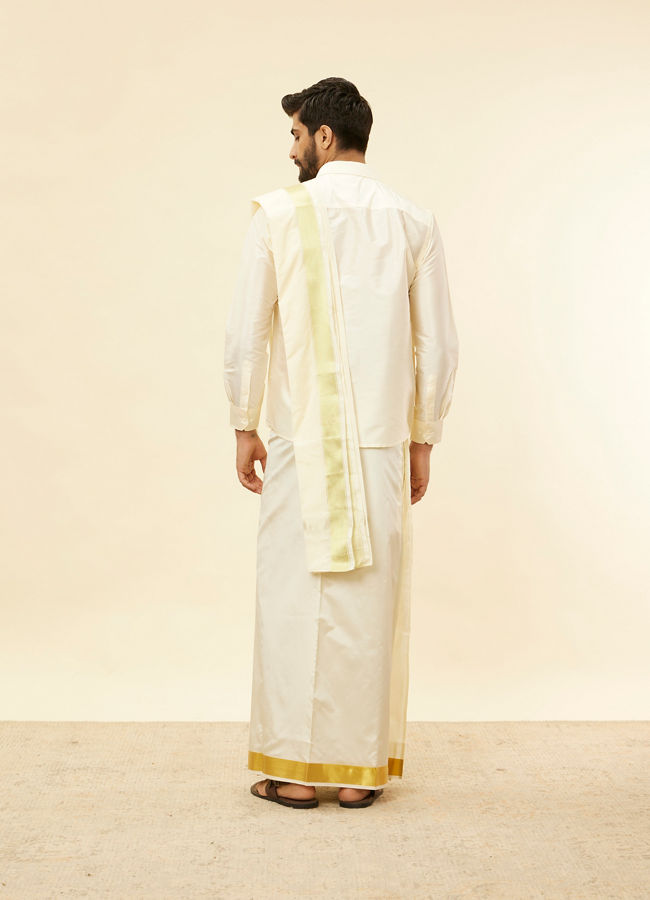 Manyavar Men Ivory Cream Detailed Traditional South Indian Shirt and Veshti Set