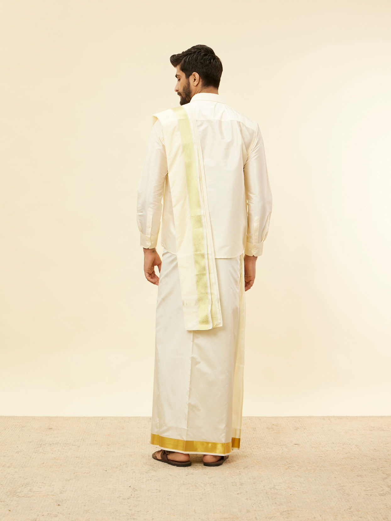 Manyavar Men Ivory Cream Detailed Traditional South Indian Shirt and Veshti Set