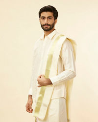 Manyavar Men Ivory Cream Detailed Traditional South Indian Shirt and Veshti Set