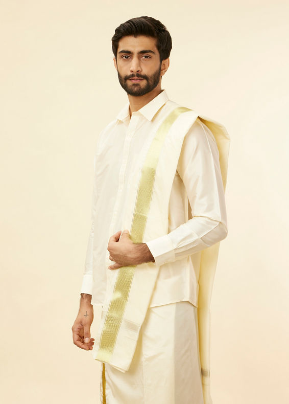 Manyavar Men Ivory Cream Detailed Traditional South Indian Shirt and Veshti Set