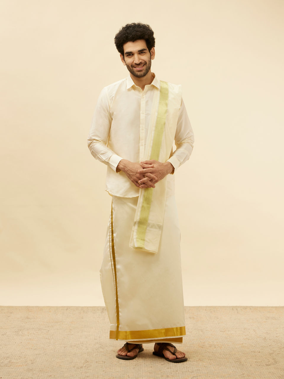 Manyavar Men Cream Traditional South Indian Shirt and Veshti Set