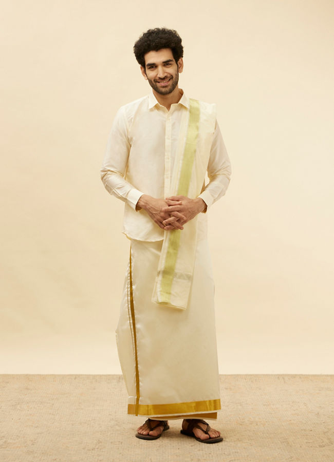 alt message - Manyavar Men Cream Traditional South Indian Shirt and Veshti Set image number 2