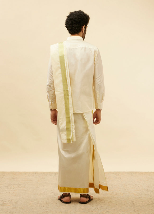 alt message - Manyavar Men Cream Traditional South Indian Shirt and Veshti Set image number 4