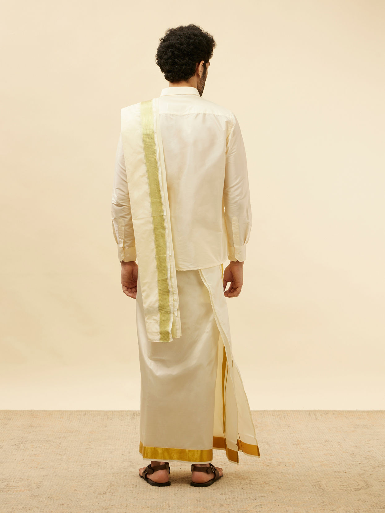Manyavar Men Cream Traditional South Indian Shirt and Veshti Set